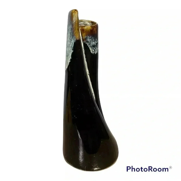 Mid-Century Modern Brown and White DRIP GLAZE 5.5" Bud Vase Unique Shape HTF! - Picture 2 of 4